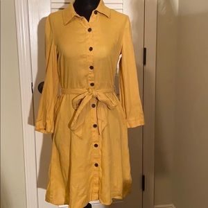 Zara Linen Mustard Button-up Belted Dress